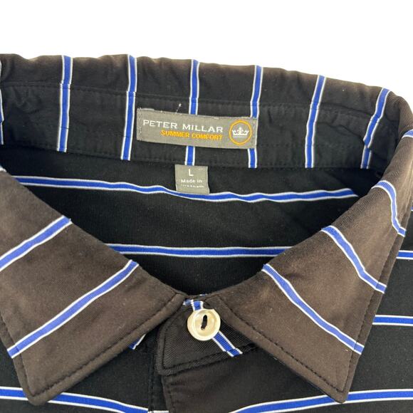 Peter Millar Summer Comfort Large Black Blue Striped Golf Polo Shirt - Picture 2 of 7